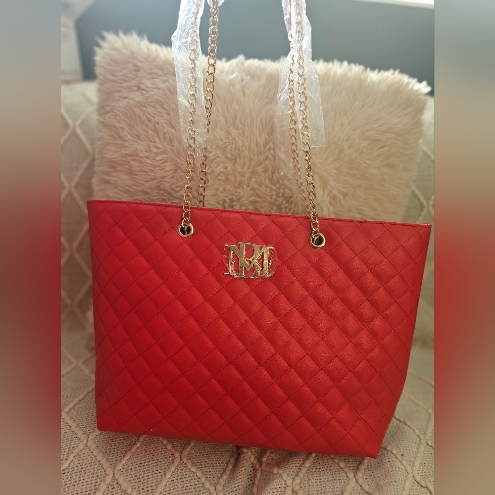Badgley Mischka Large Red and Gold Quilted Tote Bag NWOT